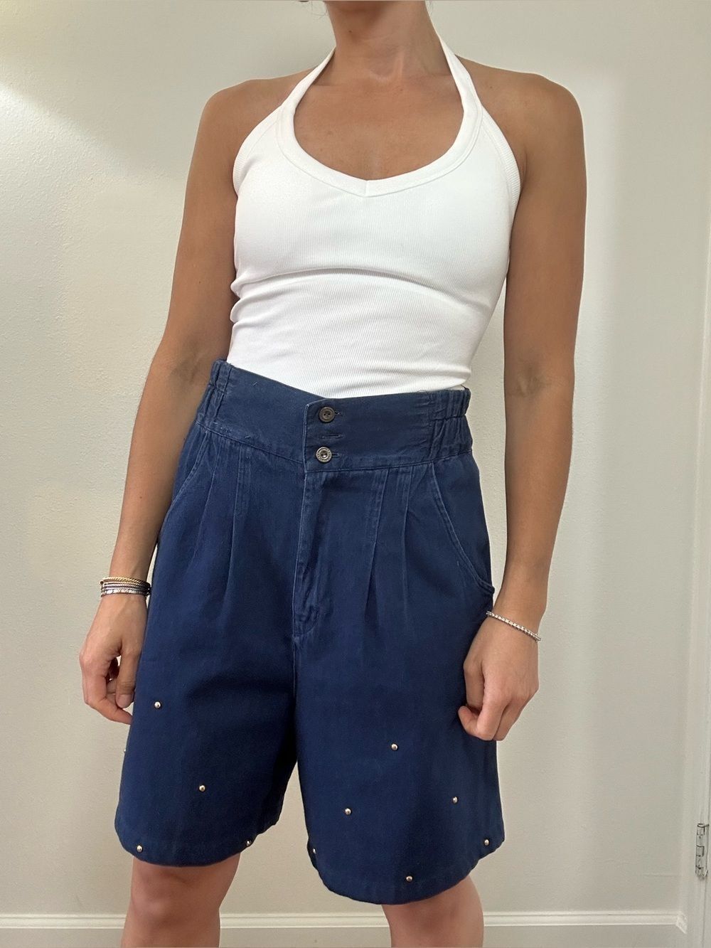 Vintage 80's Dark Wash  Blue Denim Gold Studded High-Waist A-line Shorts Size S